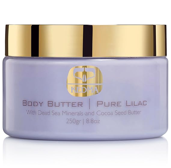 KEDMA Pure Lilac Body Butter Nourishing Dead Sea Minerals Body Cream with Cocoa Butter, Rice Bran Oil & Vitamin E Hydrating Moisturizer for Dry Skin - 8.8 oz