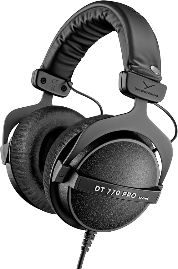 beyerdynamic DT 770 PRO, 32 Ohm, Closed Back, Over Ear, Wired Professional Studio Headphones, Mobile Recording, Monitor, Podcast, Gaming, 1.6m Straight Cable, Black with Black Leatherette Ear Pads