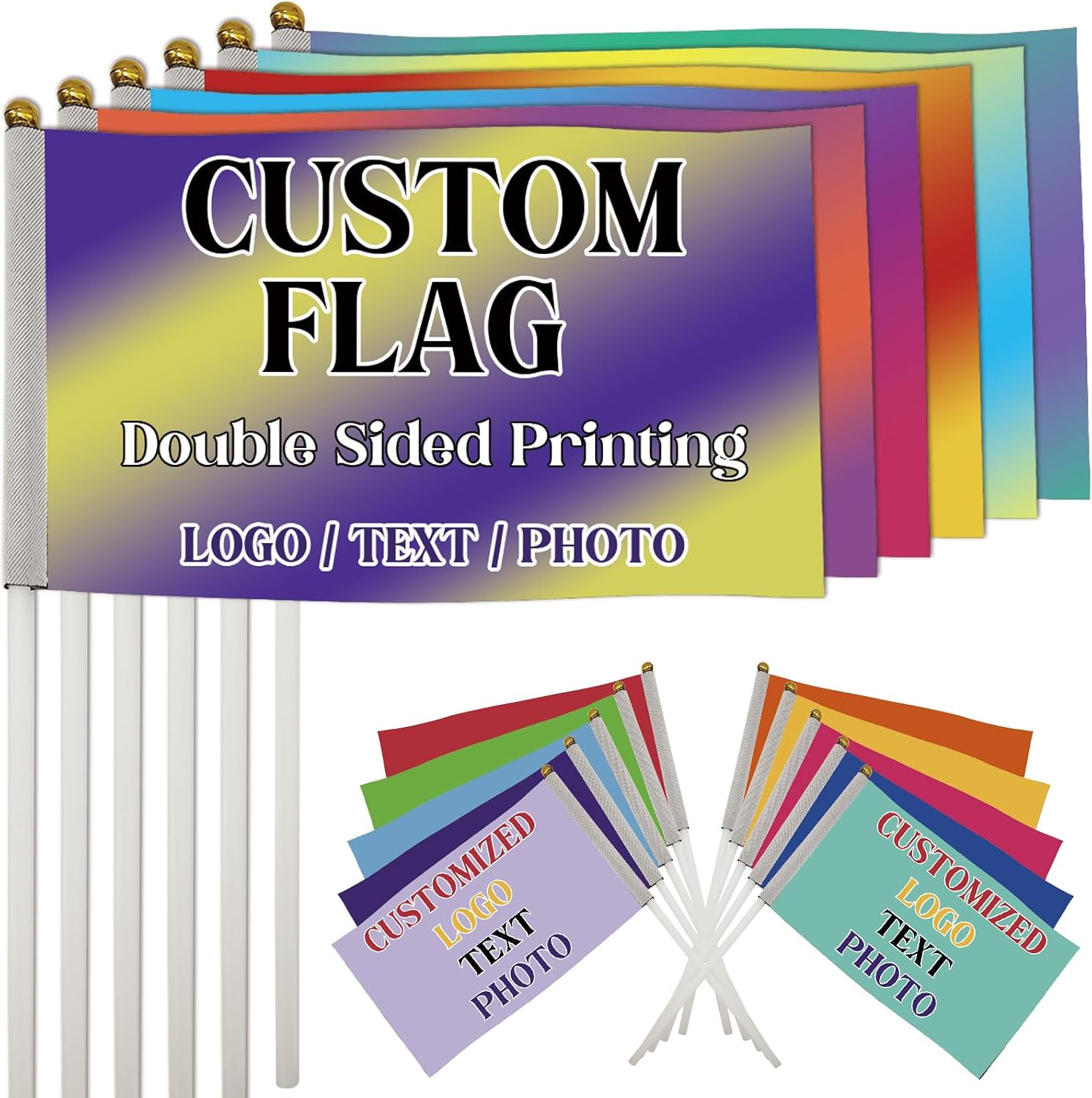 Personalized Double-Sided Mini Flag, Handheld Custom Flags for Sports & Team Events, Clamp Black Cloth Heat Transfer Printing - Bulk 1-500 PCS (6x10inch/15x25cm)