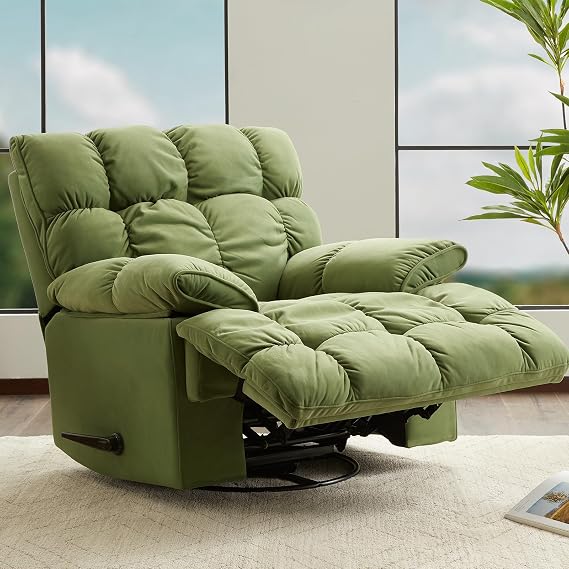 SITJOY Oversized Rocker Recliner Chair, Manual Swivel Rocker Recliner for Living Room, Overstuffed Rocking Chair with Breathable Velvety Fabric, Soft Padded Headrest and Armrest, Green3