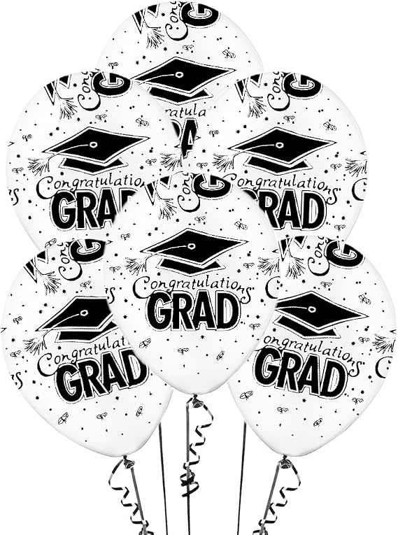 PMU 25 Pcs Graduation Balloons 11 Inch White with All-Over Print Black Grad Caps-Confetti and Streamers Graduation Party Decorations