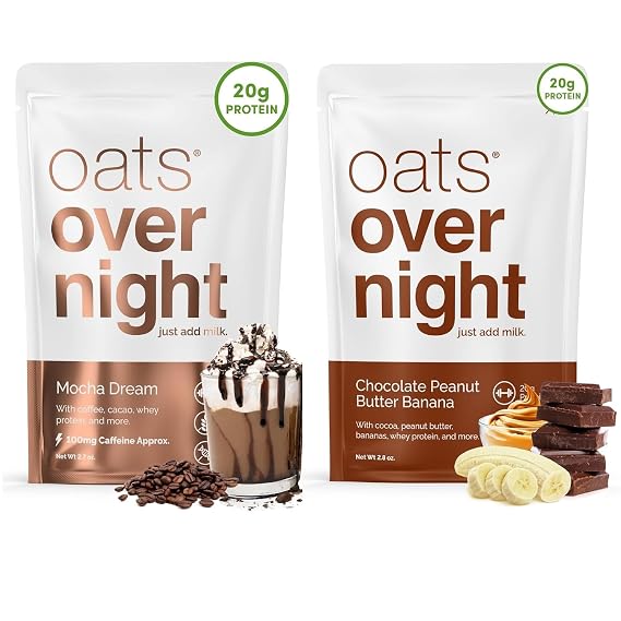 Oats Overnight Mocha Dream 8 Pack & Chocolate Peanut Butter Banana 8 Pack - 20g Protein, High Fiber Breakfast Shake - Gluten Free, Non GMO Oatmeal