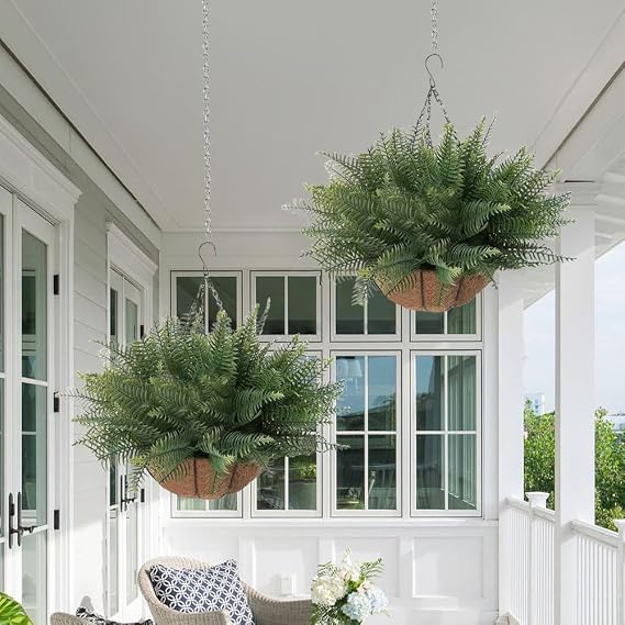 2 Set Artificial Ferns Plants with Hanging Basket,53cm Fake Fern Hanging Baskets for Outdoor Spring Summer Decoration,UV Resistant Faux Ferns for Outdoor Planter,Garden,Porch,Patio Decor