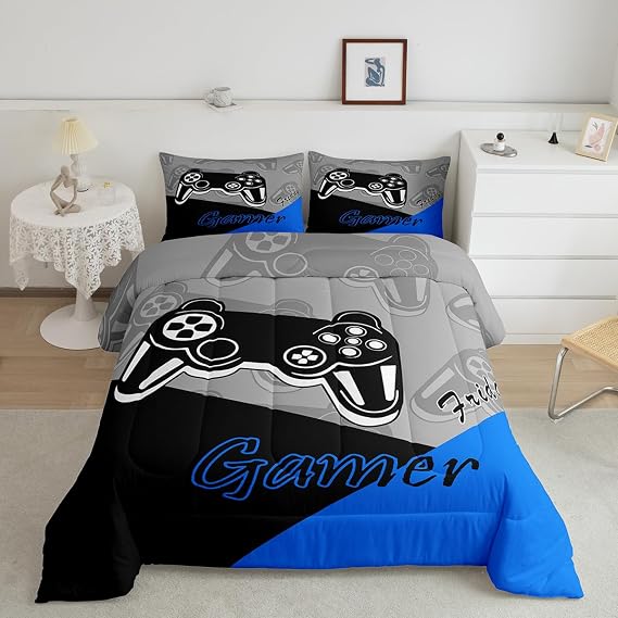 Feelyou Gaming Duvet Quilt for Boys Teen Video Game Bedding Set for Kids Gamer for All Season Gamepad Home Decor for Comforter Set Twin Size with 1 Pillowcase Blue Black Grey
