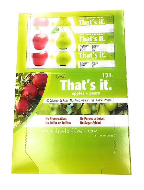 That's It. Gluten-Free Apple + Pear Fruit Bars, 14.4 Ounce, 12 Bars, No Preservatives, No Added Sugar, Paleo, Good for Children, Best High Fiber Vegan Snack