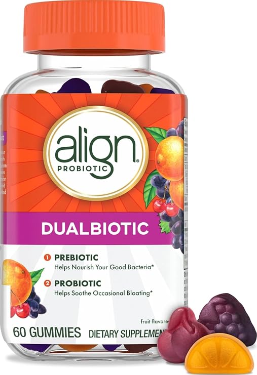 Align Dualbiotic, Prebiotics and Probiotics for Women and Men, Probiotics for Digestive Health, Prebiotics Help Nourish Good Bacteria, Natural Fruit Flavors, 60 Probiotic Gummies