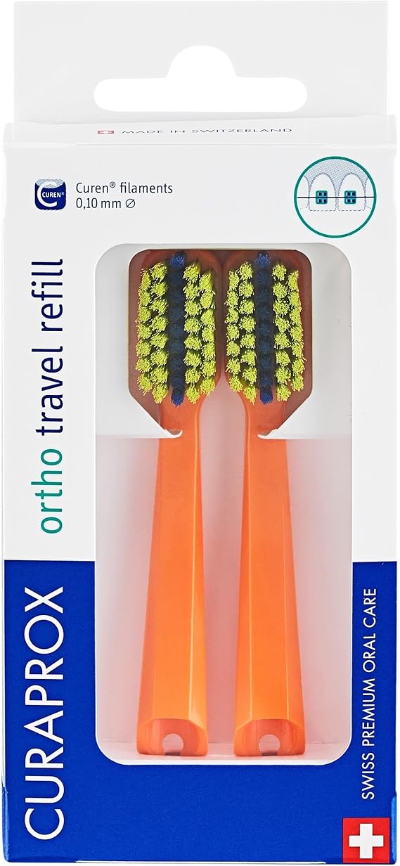 Curaprox CS 5460 Ortho Travel Toothbrush Heads for Braces Care | Ultra Soft Cleaning | Orange | 2-Piece