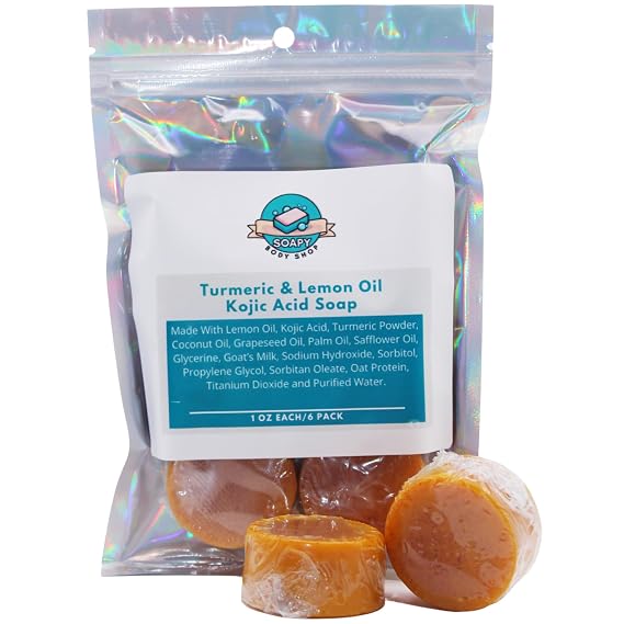 Lemon Oil Turmeric & Kojic Acid Brightening Soap, Dark Spot Remover For Face, Kojic Acid Soap For Hyperpigmentation, Even Complexion Soap, Fade Scars, Acne Scars, 6 Pack (1 Ounce)