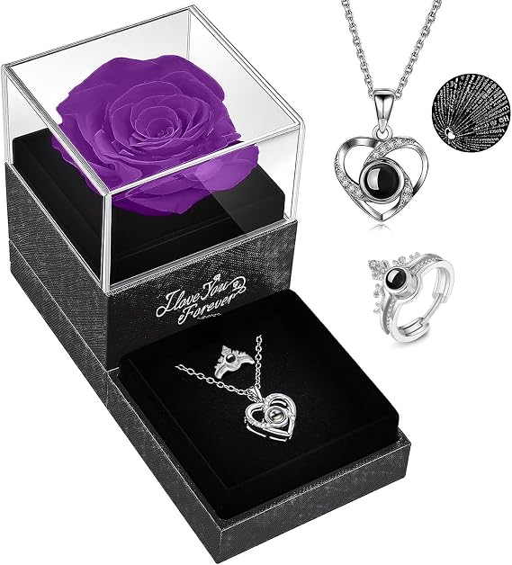 Norcalway Preserved Real Rose with Necklace & Ring - Great Loving Gifts for Mom - Flowers Gifts for Mom - I Love You in 100 Languages - Ideal Gifts for Mother's Birthday, Anniversary - Purple