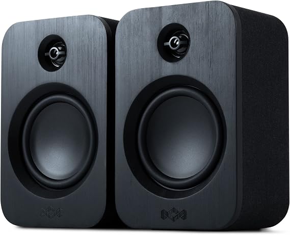 House of Marley Get Together Duo Bluetooth Bookshelf Speakers - Sustainably Crafted, Wireless Turntable Speakers, Mains Powered or 25 Hours Battery Life, AUX in - Black Edition