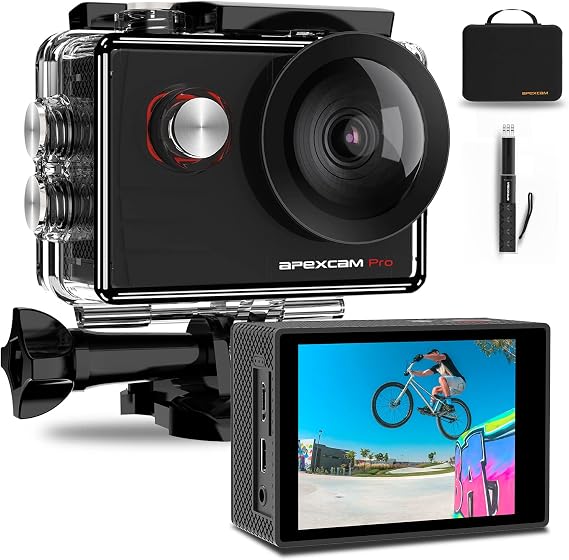 Apexcam Pro Action Cam 4K 20MP Sports Camera WiFi Underwater Camera 2.4G Remote Control Waterproof 40m 2.0 Inch LCD Screen 170° Wide Angle with Two 1200mAh Batteries External Microphone