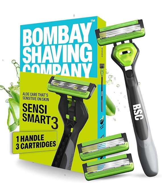 Bom,bay Shaving Company Sensi Smart 3 Value Pack (Handle + 3 Blades Cartridge) | Shaving Razor for Men | Aloe Gel and Argan Oil Lubra Strip with Pivot Head