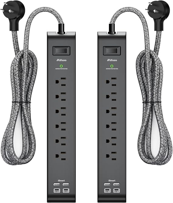 2 Pack 12FT Long Power Strip Surge Protector with 6 Outlets 4 USB Ports | Heavy-Duty Braided Extension Cord, Flat Plug, 900 Joules, 15A Circuit Breaker, Wall Mount for Home Office