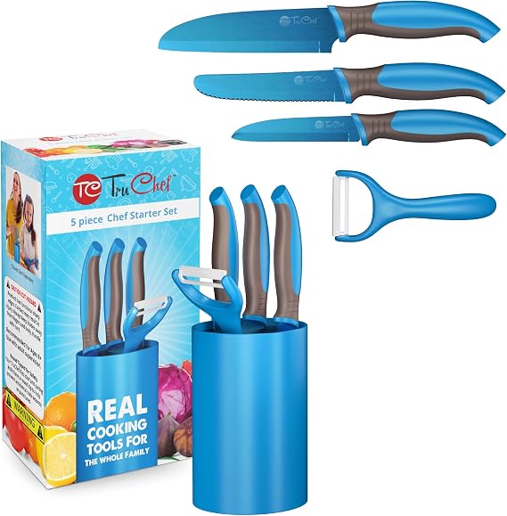 TruChef 5-Piece Kids Knife Set | Real Stainless Steel Cooking Knives with Peeler, Serrated Blade & Storage Stand | Safe, Easy-Grip Design Fun Junior Chef Set for Boys & Girls (5 pcs, Blue)