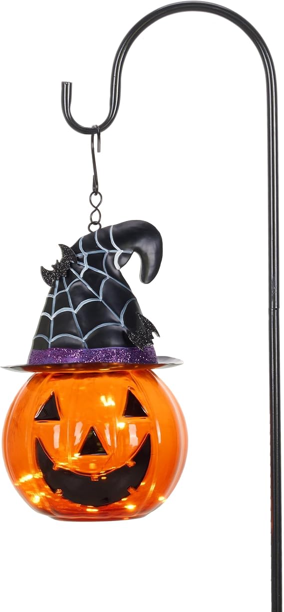 TERESA'S COLLECTIONS Halloween Decorations for Home Outdoor, 36" Glass Solar Lantern Decor with Orange Fun and Spooky Pumpkin Bats, Jack-o'-Lantern for Garden Patio Party Gifts for Halloween