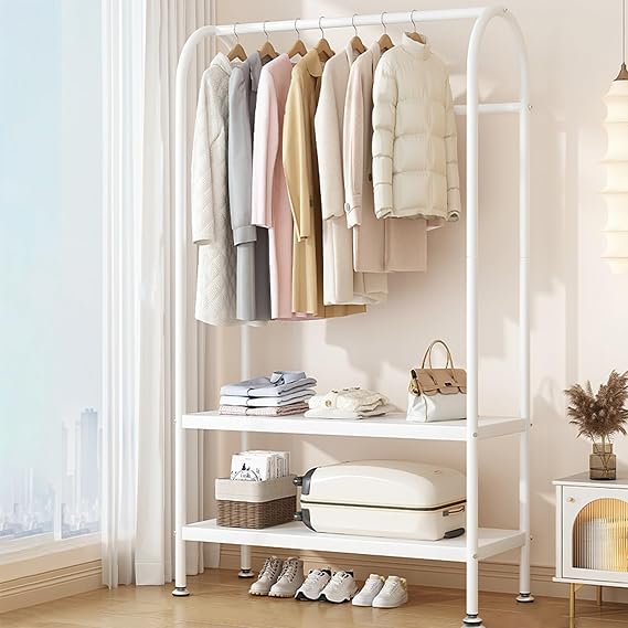 Clothes Rack with Storage Shelves - Adjustable Hanging Rod for Small Spaces, Ideal for Bedroom & Living Room, Space-Saving Coat & Shirt Organizer (White, 80cm/31.5in)
