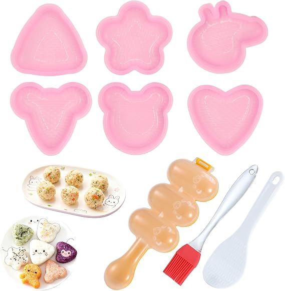 Onigiri Mold, 9 Pcs Triangle Rice Ball Mold Sushi Maker Kit Musubi Press with Rice Paddle and Brush for Lunch Bento and Beginners(Pink)