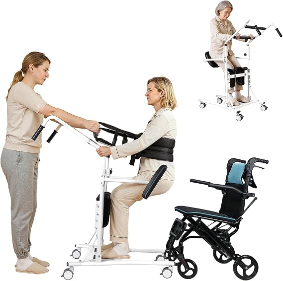 Sit to Stand Patient Lift for Elderly, Transfer Stand Assist with Sling, Medical Mobility Transfer Aid with Locking Wheels, Patient Transfer Chair for Home Care Disabled Adults (White)