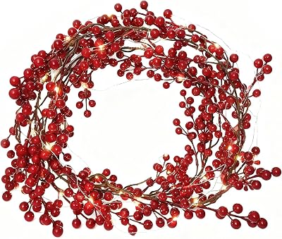 RECUTMS Artificial Berry Christmas Garland Faux Fireplace Garland Fake Hanging Garland with 30 LED Fairy String Lights Indoor Outdoor Wedding Arch Home Garden Party Fireplace Wall Decor Red
