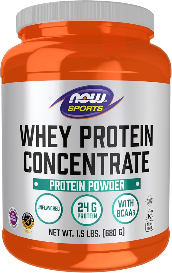 NOW Foods Sports Nutrition, Whey Protein Concentrate, 24 g With BCAAs, Unflavored Powder, 1.5-Pound