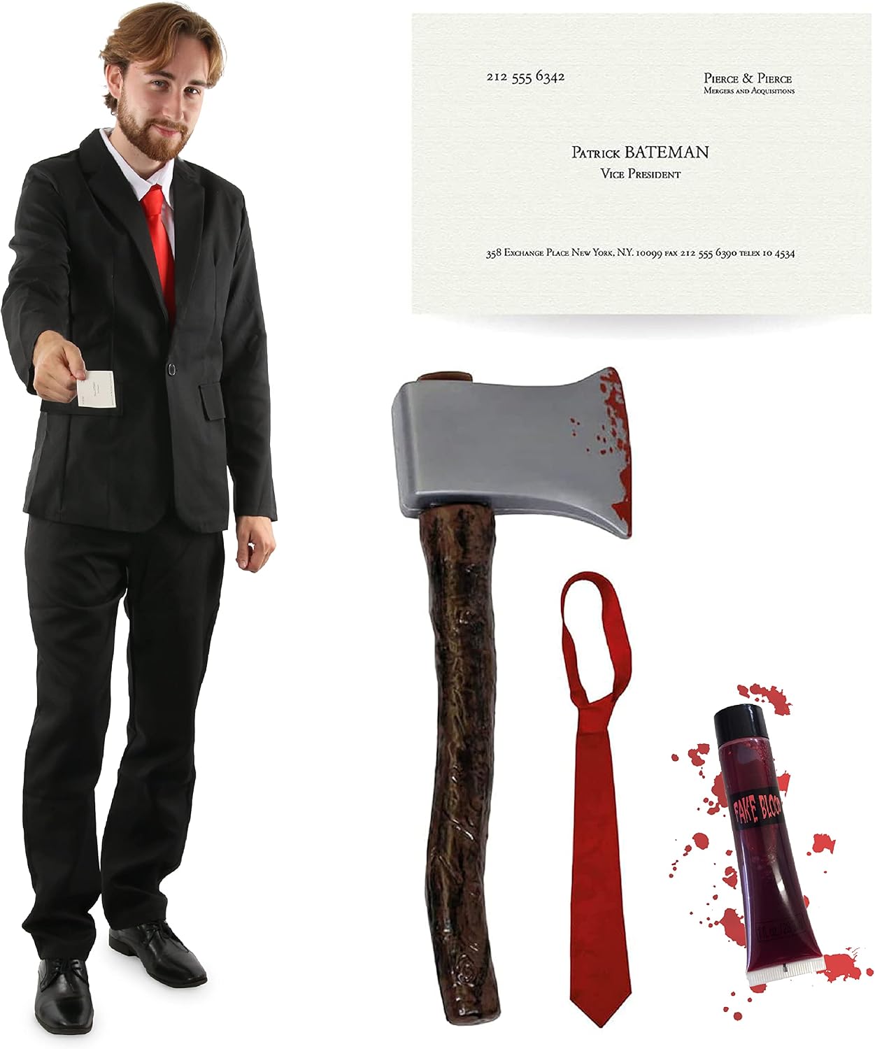 Adults Patrick Bateman Costume - Black Suit  Red Tie  Bloody Axe  Business Card  Fake Blood - American Psycho Character Halloween Fancy Dress Costume