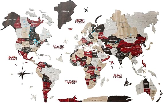 3D Wood World Map - Large Wall Art, Map of the World, Wooden Map, Kithcen & Home Decor. Housewarming Gift - Wood Art, Wooden Travel Map with Rivers & Ocean Names | Urban (Large)