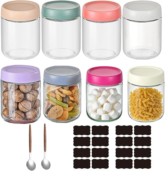 Overnight Oats Containers With Lids, 8 Pack 500ml 16 OZ Wide Mouth Mason Jars, Overnight Oats Jar, Reusable Glass Jar with Lid and Spoon for Yogurt Fruit