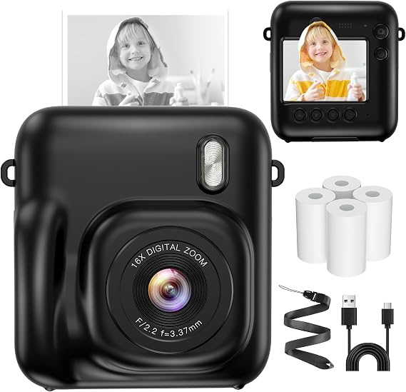 Kids Camera Instant Print, Dual Lens, with Print Paper (Black)