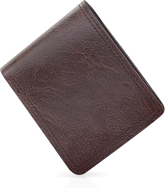 Wallet for Men, PU Leather Slim Wallet with Zipper Coin Pocket and Snap, Minimalist Mens Wallet with 5 Card Slots and ID Window (Dark Brown)