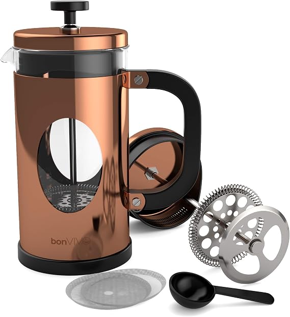 bonVIVO Large French Press Coffee Maker 34 oz Glass Stainless Steel Coffee Press with Borosilicate Heat Resistant Carafe Reusable Filter Copper Finish Cafetiere for Gourmet Coffee Tea Lovers