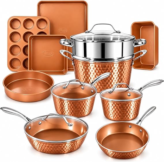 GOTHAM STEEL HAMMERED 15 Pc Titanium Ceramic Cookware Set, Copper