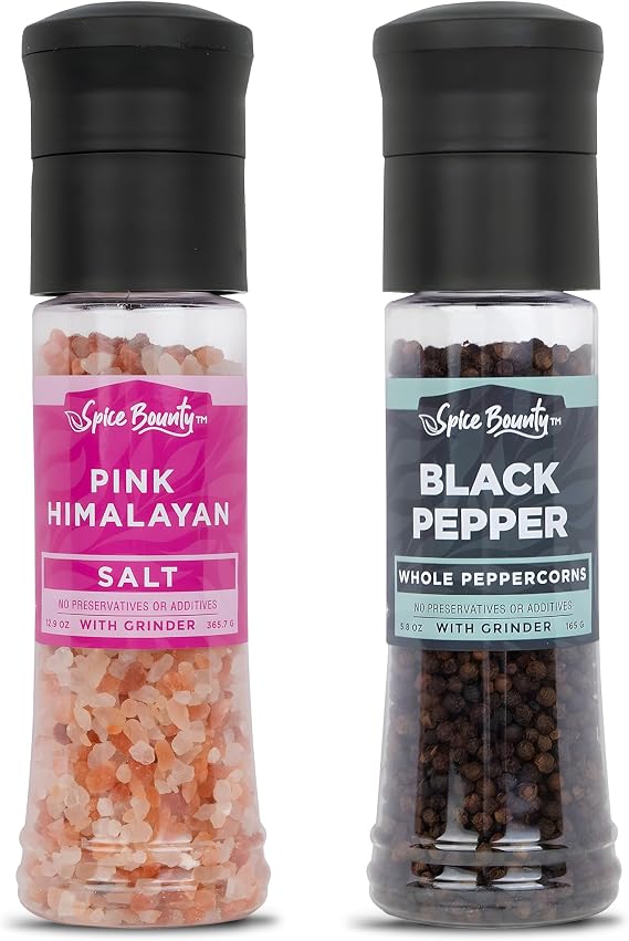 Spice Bounty Pink Himalayan Salt 12.9 oz and Whole Black Pepper 5.8 oz Grinder Set Coarse Salt and Peppercorns with Adjustable Grinders Gourmet Seasoning Duo for Cooking & Table Use
