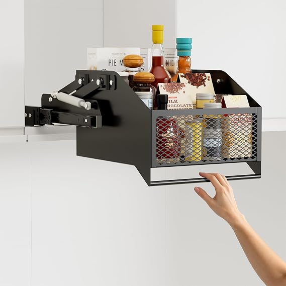 HOUSE AGAIN Pull-Down Cabinet Organizer for High/Deep Cabinets, Drop Down Spice Rack, 12.6" Out & 1.8" Down, 1 Tier, Dual Install, Fits Frameless, for Spices, Snacks and Small Bottles