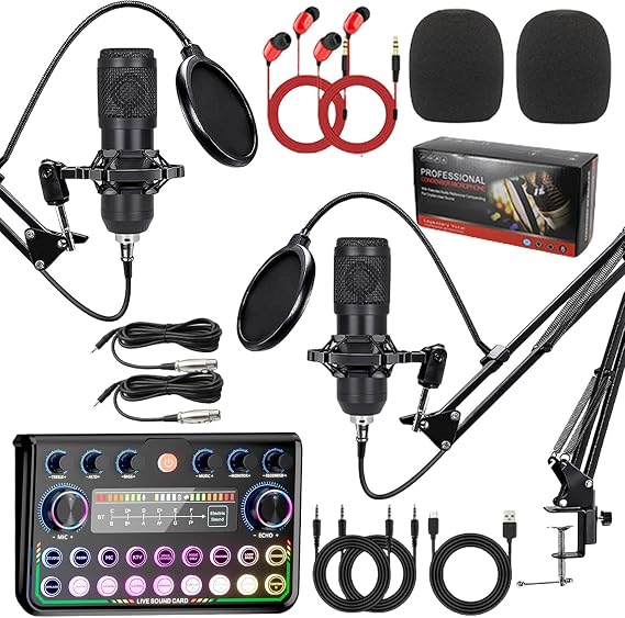 Podcast Equipment Bundle for 2, Live Sound Card Voice Changer with 2 Microphones Bundle Studio Condenser Microphone Streaming Kit for Singing Podcasting Recording Gaming, Compatiable with PC & Phone