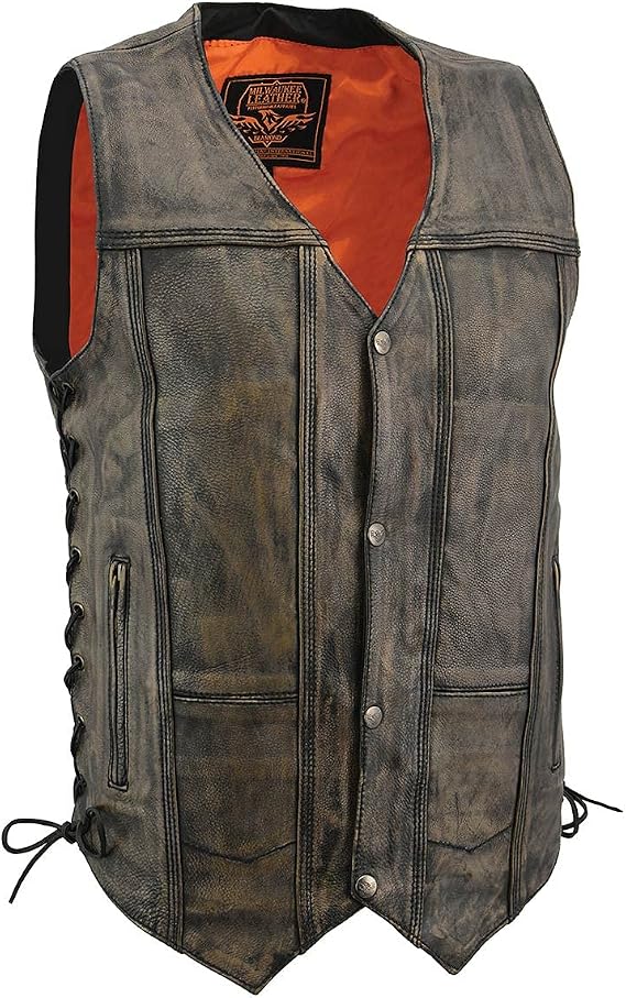 Milwaukee Leather MLM3540 Men's Roulette Distressed Brown 10 Pocket Motorcycle Leather Vest