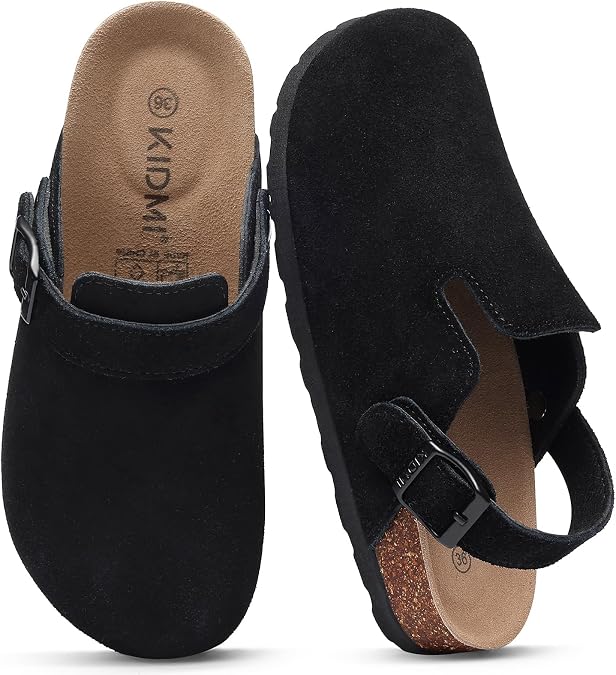 KIDMI Women's Suede Clogs with Back Strap Men's Leather Mules Cork Footbed Slip on Potato Shoes, Coal Black 44