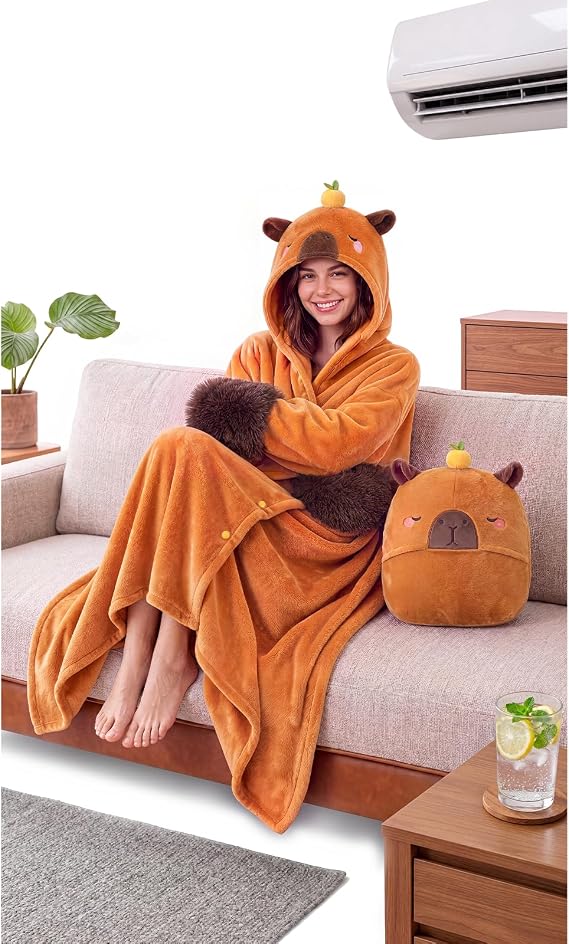 Mewaii Capybara Gifts Wearable Blanket Hoodie Soft Flannel Capybara Blanket