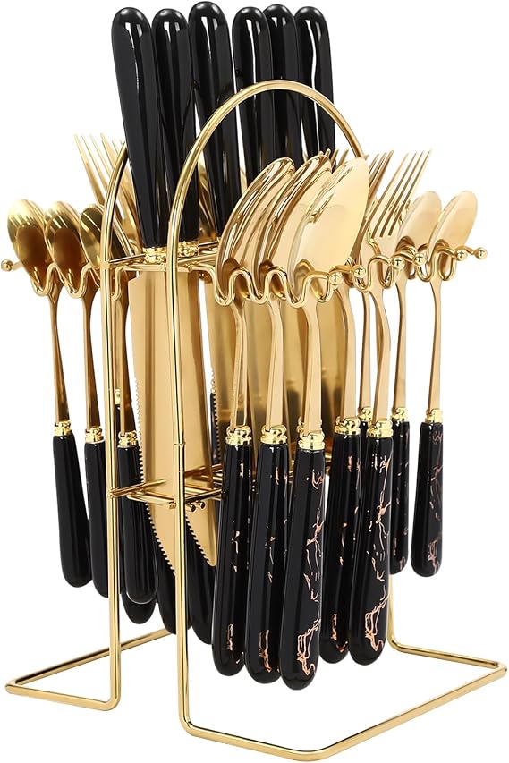 Stainless Steel Flatware Set, 24 Piece Cutlery Set with Holder, Service for 6, Spoons Forks Knives Set, Hanging Set for Restauroom Wedding Birthday Parties (Golden, Black)