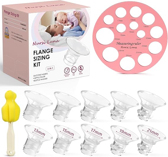 Nursi Luna Flange Sizing Kit, Flange Inserts for 24mm Breast Pumps, 10PCS | 13/15/17/19/21mm Inserts, Nipple Measurement Tool, Fits Electric & Manual Pumps, Soft Silicone, Comfortable Pumping