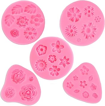 GELIFATLE Flower Fondant Cake Molds, Daisy, Rose, Chrysanthemum and Small Flower Candy Silicone Molds for Chocolate Fondant Polymer Clay Soap Crafting Projects & Cake Decoration 5pack