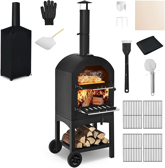 COSTWAY Outdoor Pizza Oven, Wood Fired Pizza Oven for Outside | Patio Pizza Grill with Pizza Stone, Pizza Peel, and Waterproof Cover for Backyard Camping