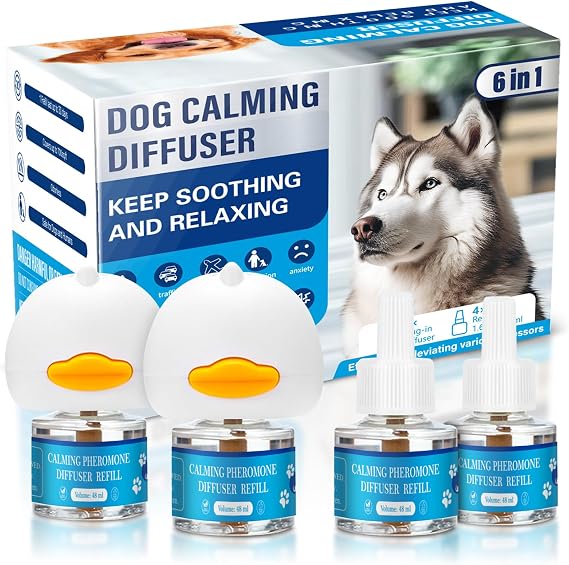 Dog Calming Pheromones Diffuser 6 in 1 Kit Appeasing Pheromone Diffuser to Calm (2 Plug in+4 Pack 48ml Refill) for Stress Barking Pee Accidents Chewing Aggression Separation Anxiety Relief 120 Days