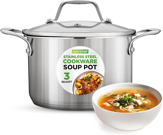 NutriChef 3-Quart Stainless Steel Soup Pot - 18/8 Food Grade Heavy Duty Cookware, Stock Pot, Stew Pot, Simmering Pot Kitchenware w/See Through Lid, Dishwasher Safe, For Induction Gas Ceramic Cooktops