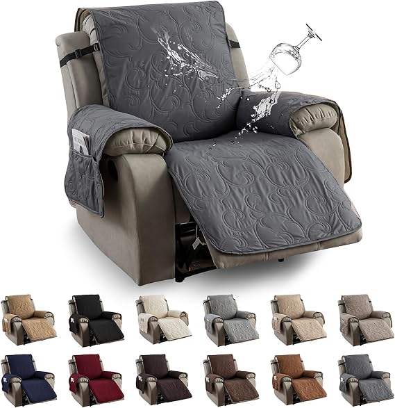 Waterproof Recliner Chair Cover, Non-Slip Washable Slipcover 23.6" | Dark Gray, Stay Securely in Place, Jacquard Recliner Protector, Storage Pocket, Guards from Pet Hair & Stains