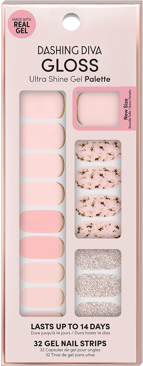 Dashing Diva Gloss Nail Strips - Feeling Flush | UV Free, Chip Resistant, Long Lasting Gel Stickers | 32 Wraps, 1 Prep Pad, 1 File