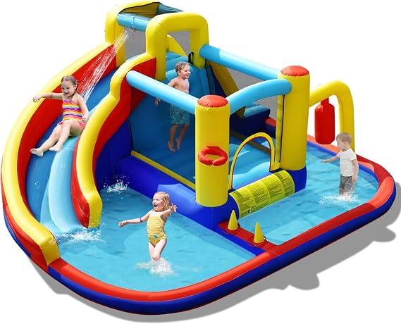 BOUNTECH Inflatable Water Slide Bounce House, 6-in-1 Kids Water Park Jump Castle w/2 Splash Pools, Ring-toss, Water Slides Inflatables for Kids, Water Bounce House for Outdoor Backyard Party Gifts
