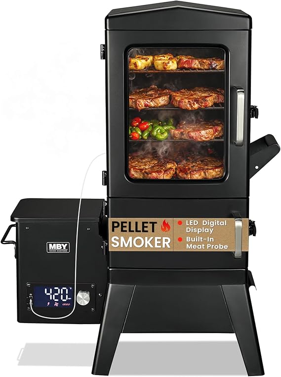 Pellet Smoker with Cover, Electric Wood Pellet Smoker Grill With Meat Probe and Hook, 616 Sq in Cooking Area LED Display Temperature Control, Outdoor Cooking, Patio, Garden Barbecue (6.15)