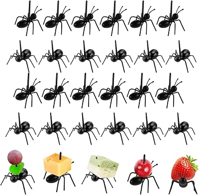 Chris.W 24Pcs Ant Shape Food Picks, Halloween Lunch Box Accessories Decoration, Reusable Appetizer Toothpicks for Charcuterie, Bento, Cheese, Fruit, Snack, Dessert Table or Cocktail Platter Black