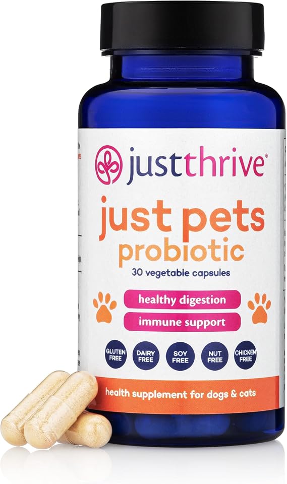 Just Thrive Just Pets Probiotic for Dogs & Cats Digestive Health Support | 30 capsules, 4 billion CFUs, Daily probiotic for dogs and cats, Supports healthy digestion and overall pet wellness