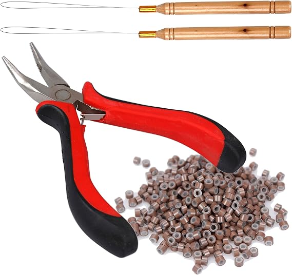 Hair Extensions Tools Kit,Professional Tools With Hair Extension Pliers,Loop Threader and 500 PCS Silicone Line Nano Brown Beads for Extending Hair Wearing Feather Accessories Barber or Diy (Brown)